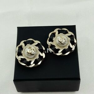 Chanel Oversized Black Leather Woven Faux Pearl CC Clip On Statement Earrings